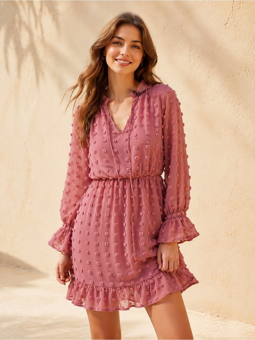 Tacera Dusty Rose Swiss Dot Ruffle Long Sleeve Dress